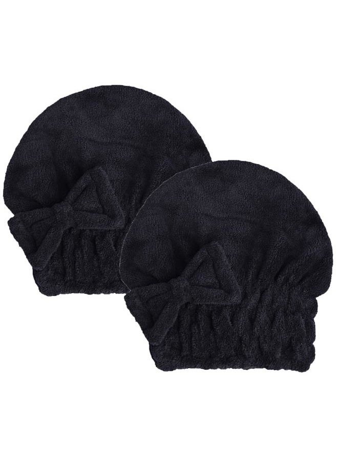 Microfibre Turban Towel Set for Hair Quick Drying, 2 Pieces Head Towel Hair Turban with Bow for Women and Girls (BlackX2)