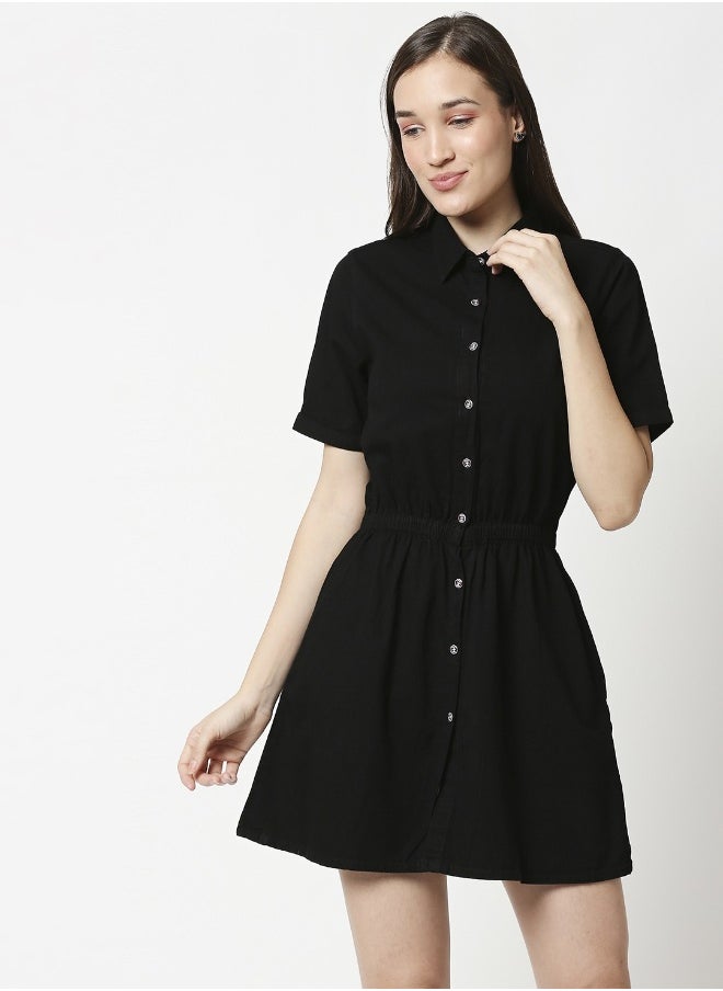 HIGH STAR - Black Denim Shirt Mini Dress - Image 1