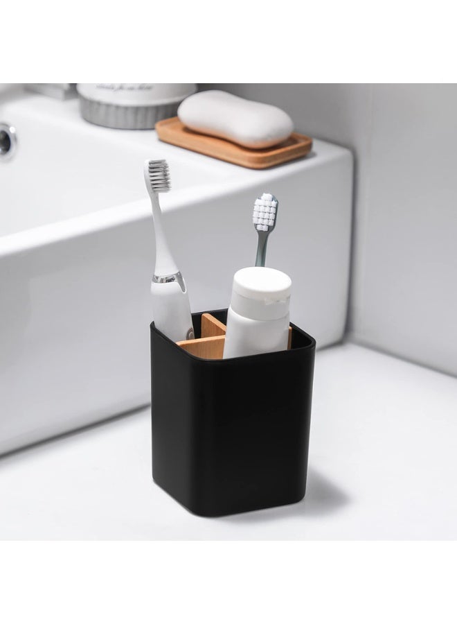 Bamboo Toothbrush Holder for Bathrooms, 3 Slots Toothbrush and Toothpaste Holder Bathroom Counter Organizer for Electric Toothbrushes, Floss, Razors - Black - Image 3