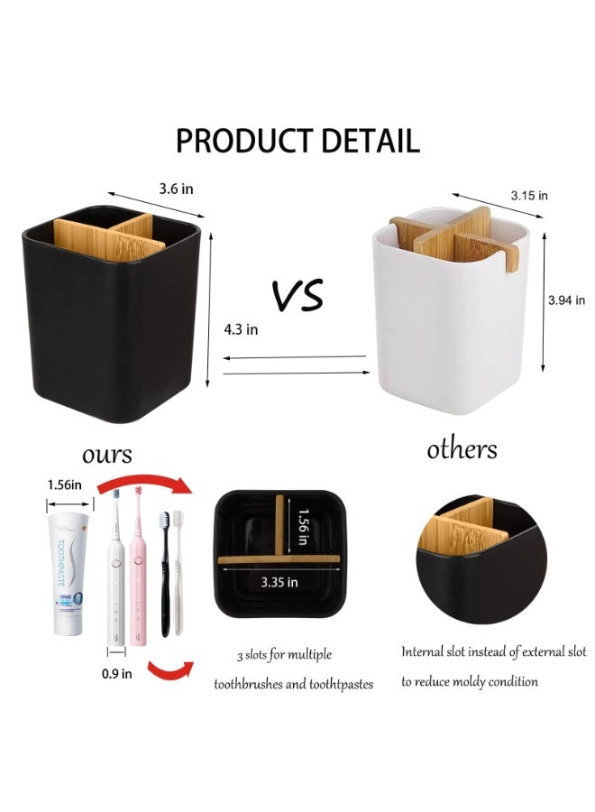 Bamboo Toothbrush Holder for Bathrooms, 3 Slots Toothbrush and Toothpaste Holder Bathroom Counter Organizer for Electric Toothbrushes, Floss, Razors - Black - Image 2