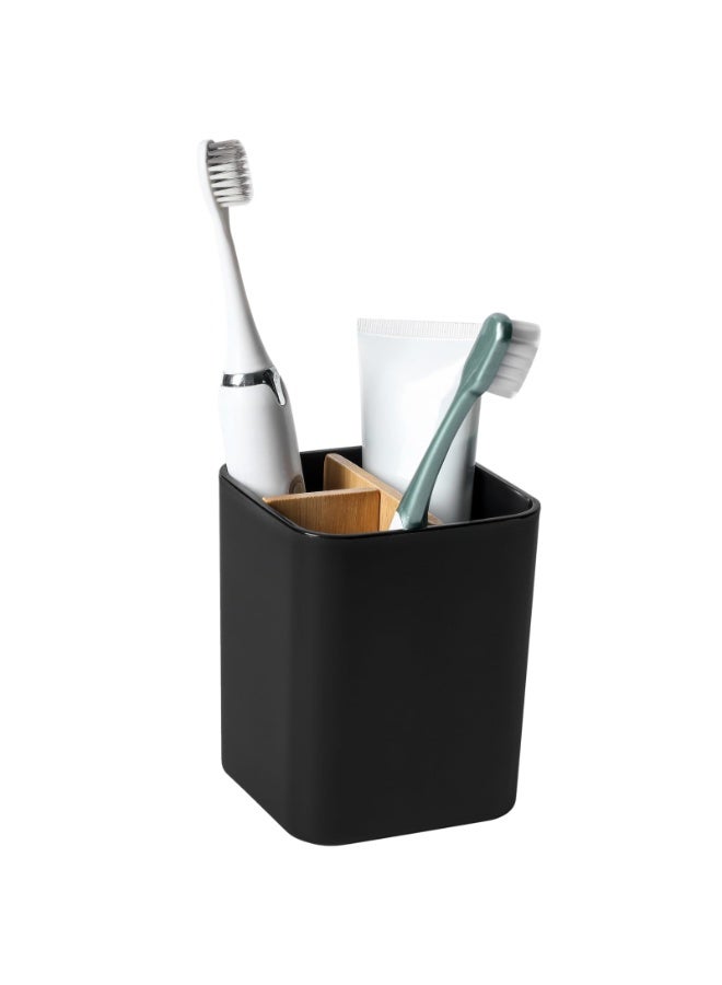 Bamboo Toothbrush Holder for Bathrooms, 3 Slots Toothbrush and Toothpaste Holder Bathroom Counter Organizer for Electric Toothbrushes, Floss, Razors - Black - Image 1