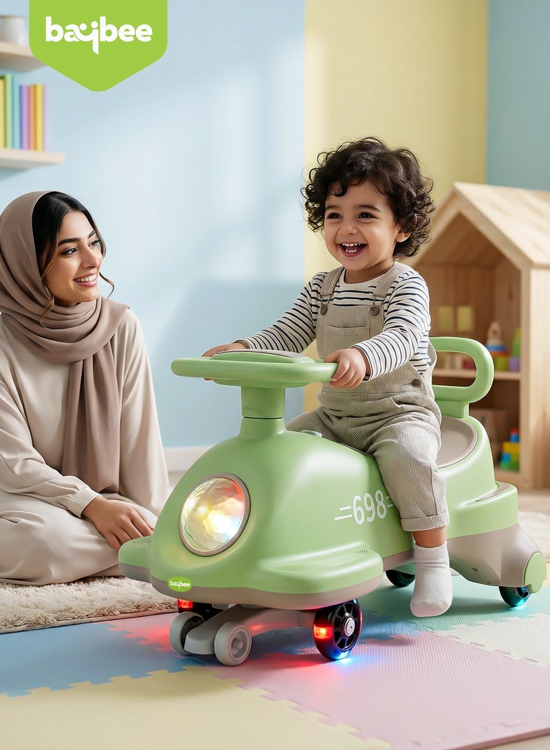 بيبي سيارة فلاير بيبي السحرية للأطفال، لعبة دفع وركوب، سيارات أطفال بعجلات من البولي يوريثان المقاوم للخدش، مزودة بإضاءة LED، موسيقى ومساحة تخزين | سيارة أطفال | سيارة أرجوحة للأطفال من عمر 3 سنوات فما فوق، للأولاد والبنات، لون أخضر فاتح - Image 3