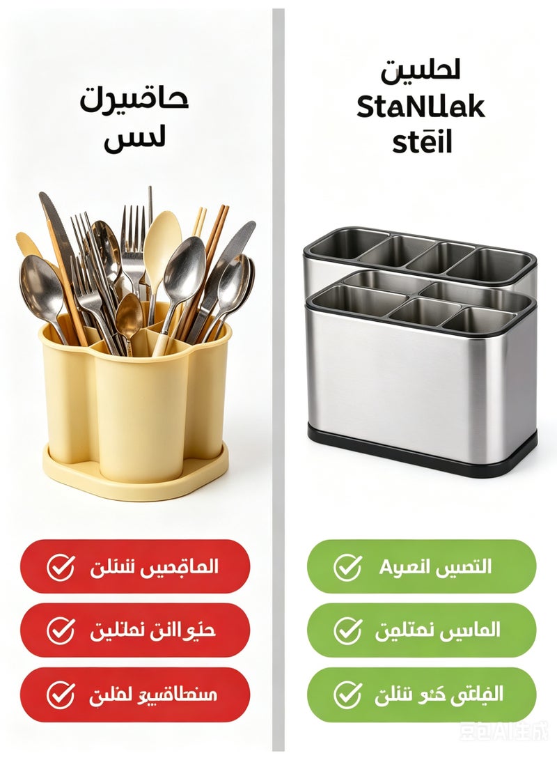 منظم أدوات مطبخ من الفولاذ المقاوم للصدأ بأربعة فتحات، رف تخزين قابل للتصريف ومضاد للانزلاق لأدوات المائدة، مناسب للملاعق والشوك والسكاكين وعيدان الطعام. - Image 4