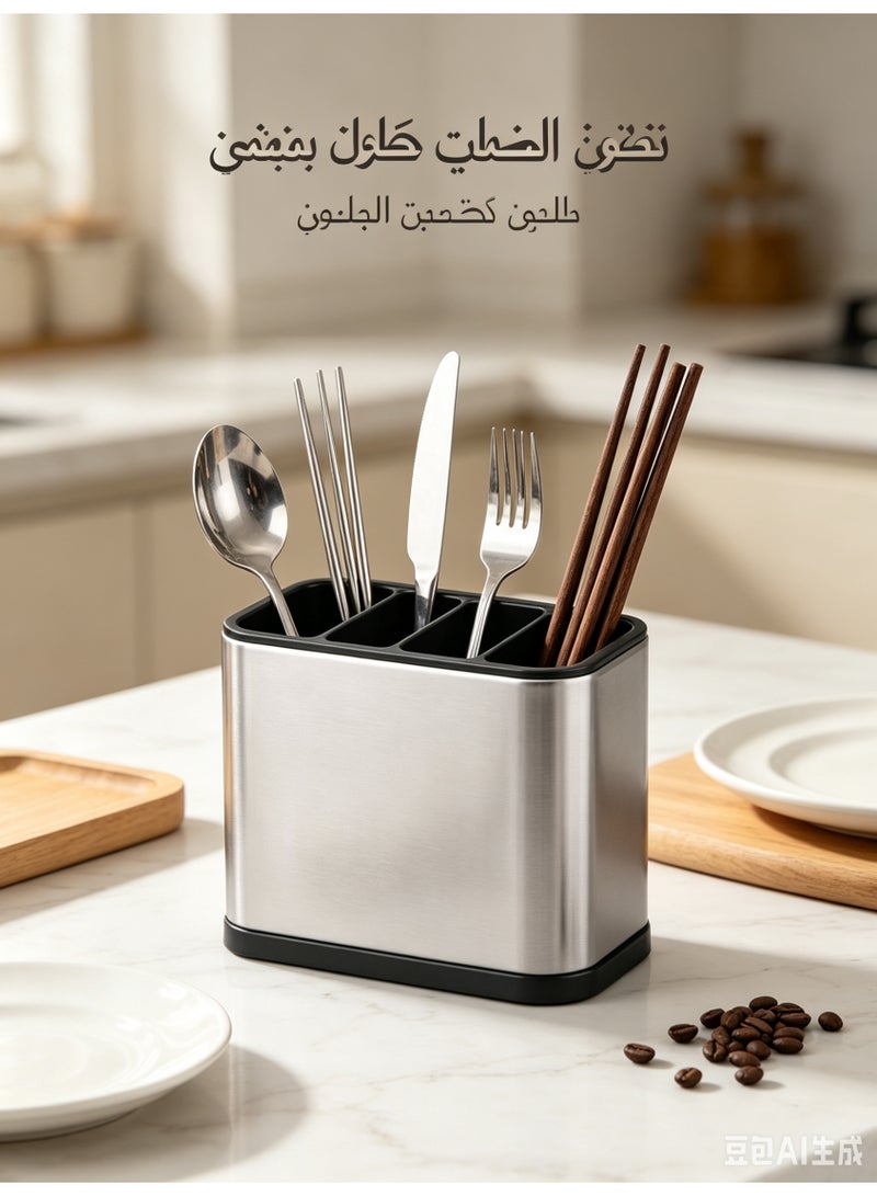 منظم أدوات مطبخ من الفولاذ المقاوم للصدأ بأربعة فتحات، رف تخزين قابل للتصريف ومضاد للانزلاق لأدوات المائدة، مناسب للملاعق والشوك والسكاكين وعيدان الطعام. - Image 5