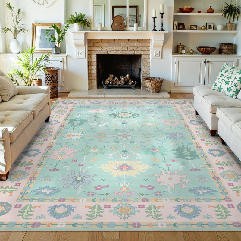 LIVEBOX Washable Oushak Pink Boho Area Rug, 8x10 Machine Washable Rugs for Bedroom Girls Living Room, Soft Blush Floral Non Slip Turkish Pastel Thin Floor Carpet for Classroom Playroom Home Decor - Image 2