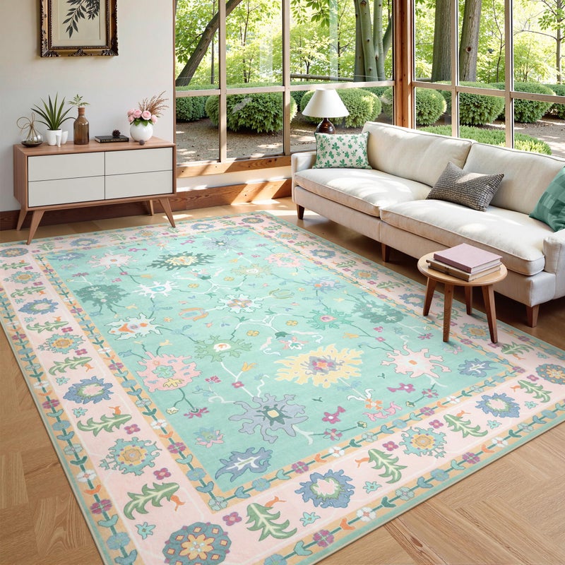 LIVEBOX Washable Oushak Pink Boho Area Rug, 8x10 Machine Washable Rugs for Bedroom Girls Living Room, Soft Blush Floral Non Slip Turkish Pastel Thin Floor Carpet for Classroom Playroom Home Decor - Image 1