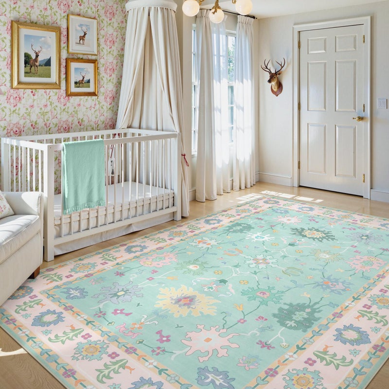 LIVEBOX Washable Oushak Pink Boho Area Rug, 8x10 Machine Washable Rugs for Bedroom Girls Living Room, Soft Blush Floral Non Slip Turkish Pastel Thin Floor Carpet for Classroom Playroom Home Decor - Image 3