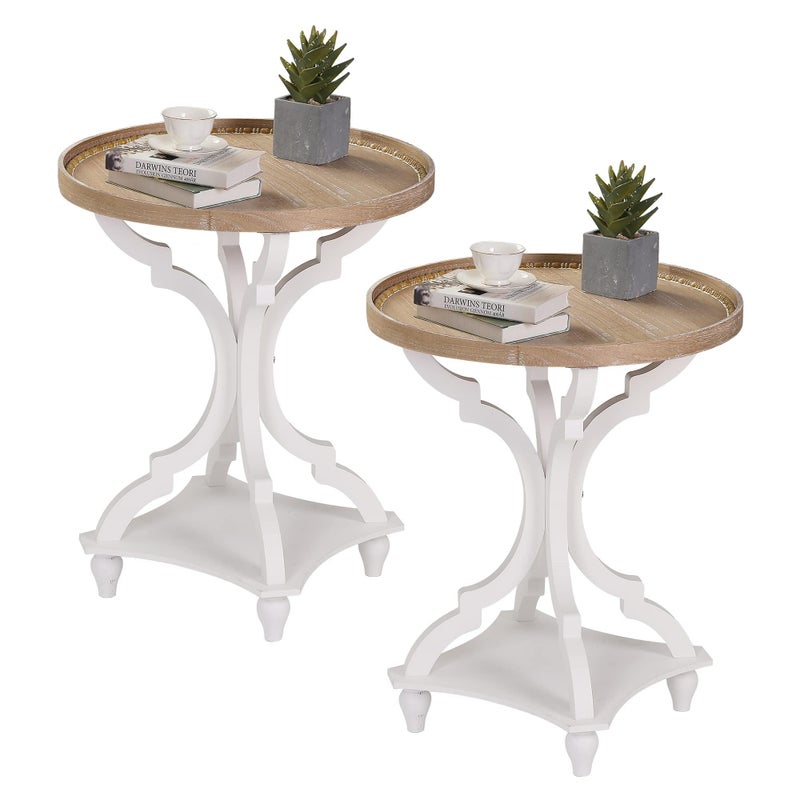 Wnutrees Farmhouse Round Accent End Table, Rustic Side Table Nightstands for Living Room, Wood Tray Top, Handcrafted Finish, Set of 2, White - Image 1