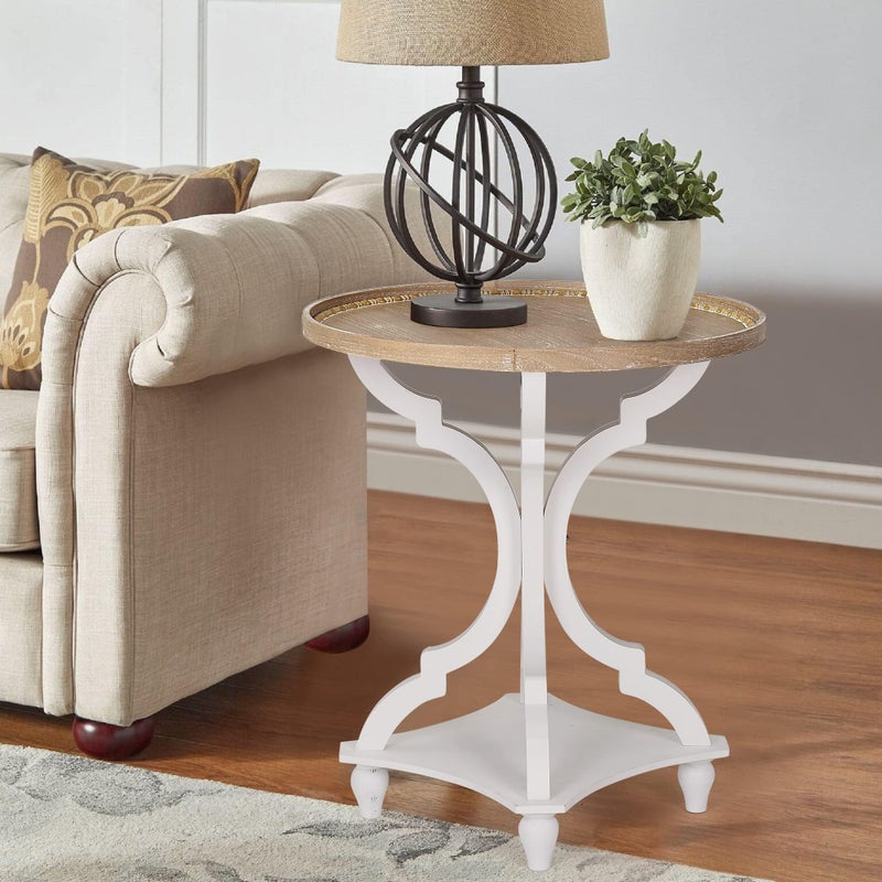Wnutrees Farmhouse Round Accent End Table, Rustic Side Table Nightstands for Living Room, Wood Tray Top, Handcrafted Finish, Set of 2, White - Image 3
