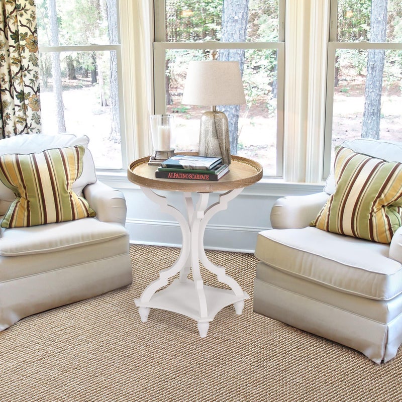 Wnutrees Farmhouse Round Accent End Table, Rustic Side Table Nightstands for Living Room, Wood Tray Top, Handcrafted Finish, Set of 2, White - Image 2