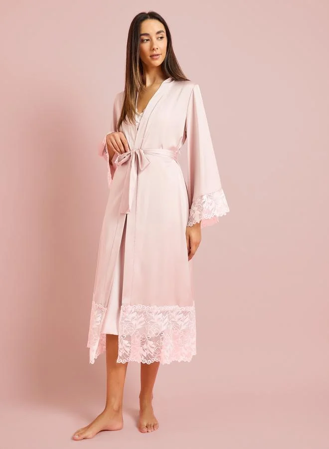 Styli  Satin Lace Trim Strappy Slip Dress with Robe Set for Women | Best Price UAE
