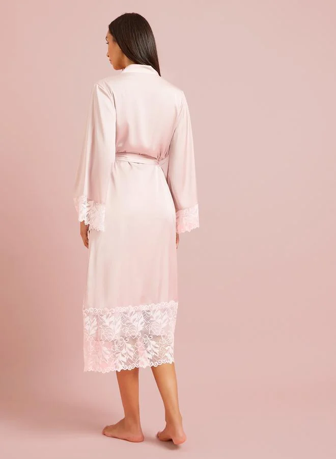 Styli  Satin Lace Trim Strappy Slip Dress with Robe Set for Women | Best Price UAE