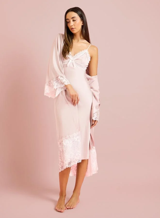 Styli Satin Lace Trim Strappy Slip Dress with Robe Set