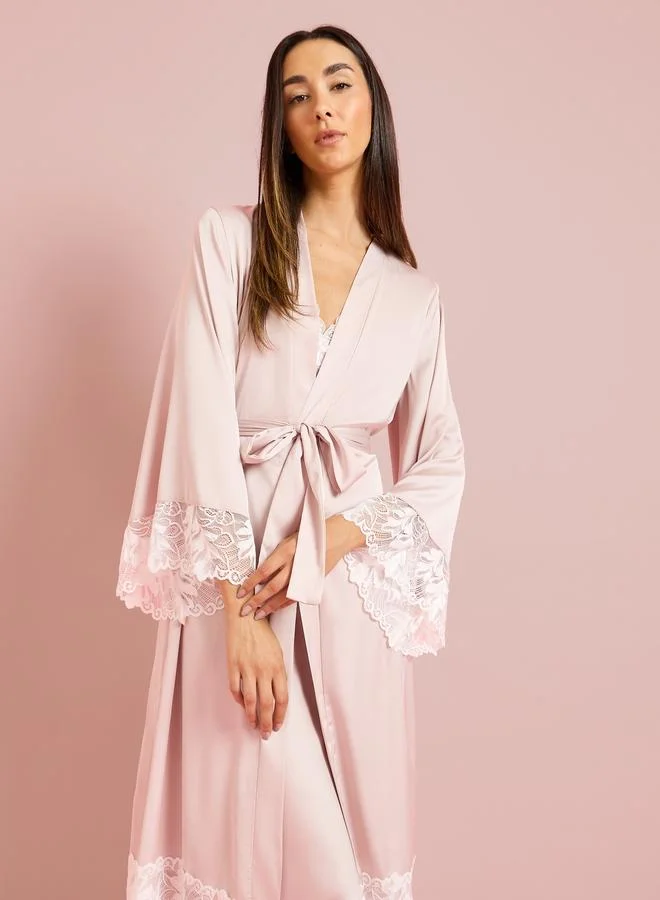 Styli Satin Lace Trim Strappy Slip Dress with Robe Set