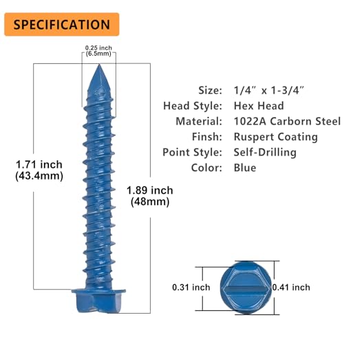 Allkeen 1/4" x 1-3/4" Hex Head Concrete Screws, Anchoring to Masonry, Brick, Block, Cement or Stucco, 30PCS - Image 2