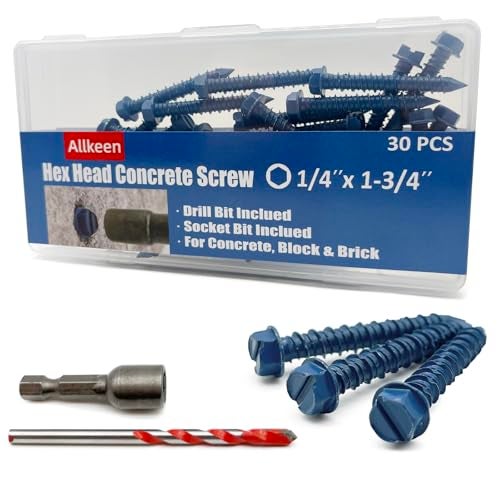 Allkeen 1/4" x 1-3/4" Hex Head Concrete Screws, Anchoring to Masonry, Brick, Block, Cement or Stucco, 30PCS - Image 1