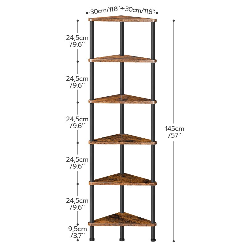 HOOBRO Corner Shelf Stand, Industrial 6-Tier Wall Corner Bookshelf with Metal Frame, Plant Display Shelf, Bookcase for Small Spaces, Bedroom, Living Room, Rustic Brown BF36CJ01 - Image 3