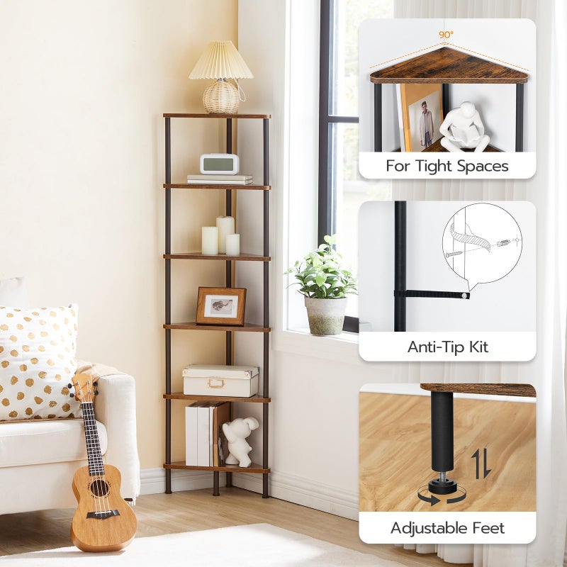 HOOBRO Corner Shelf Stand, Industrial 6-Tier Wall Corner Bookshelf with Metal Frame, Plant Display Shelf, Bookcase for Small Spaces, Bedroom, Living Room, Rustic Brown BF36CJ01 - Image 5