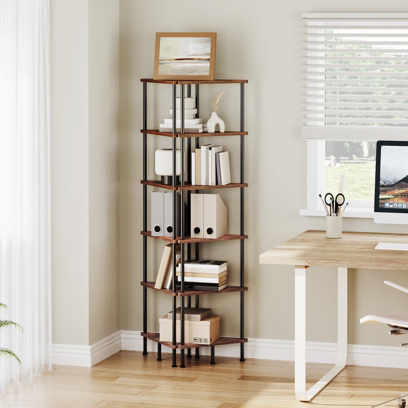 HOOBRO Corner Shelf Stand, Industrial 6-Tier Wall Corner Bookshelf with Metal Frame, Plant Display Shelf, Bookcase for Small Spaces, Bedroom, Living Room, Rustic Brown BF36CJ01 - Image 4