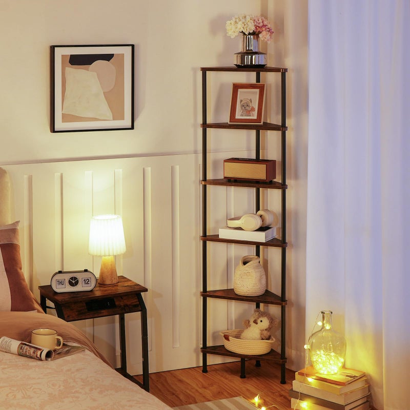 HOOBRO Corner Shelf Stand, Industrial 6-Tier Wall Corner Bookshelf with Metal Frame, Plant Display Shelf, Bookcase for Small Spaces, Bedroom, Living Room, Rustic Brown BF36CJ01 - Image 2