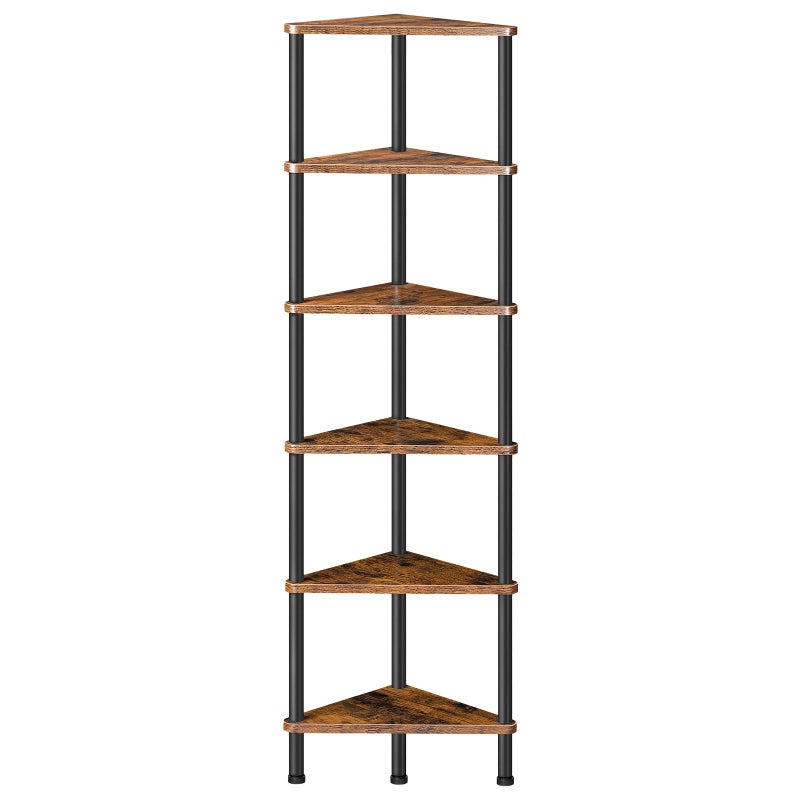 HOOBRO Corner Shelf Stand, Industrial 6-Tier Wall Corner Bookshelf with Metal Frame, Plant Display Shelf, Bookcase for Small Spaces, Bedroom, Living Room, Rustic Brown BF36CJ01 - Image 1