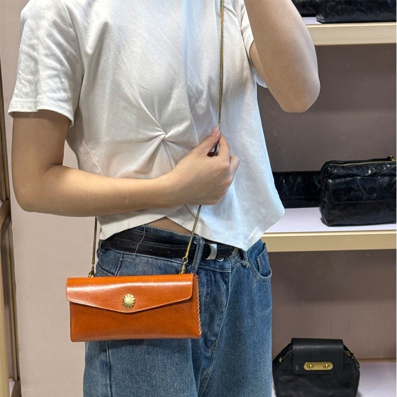 Vegetable Tanning Top Layer Cowhide Vintage Simple Long Hand-Held Coin Purse Genuine Leather Fashionable Texted Women'S Crossbody Mobile Phone Bag - Image 5