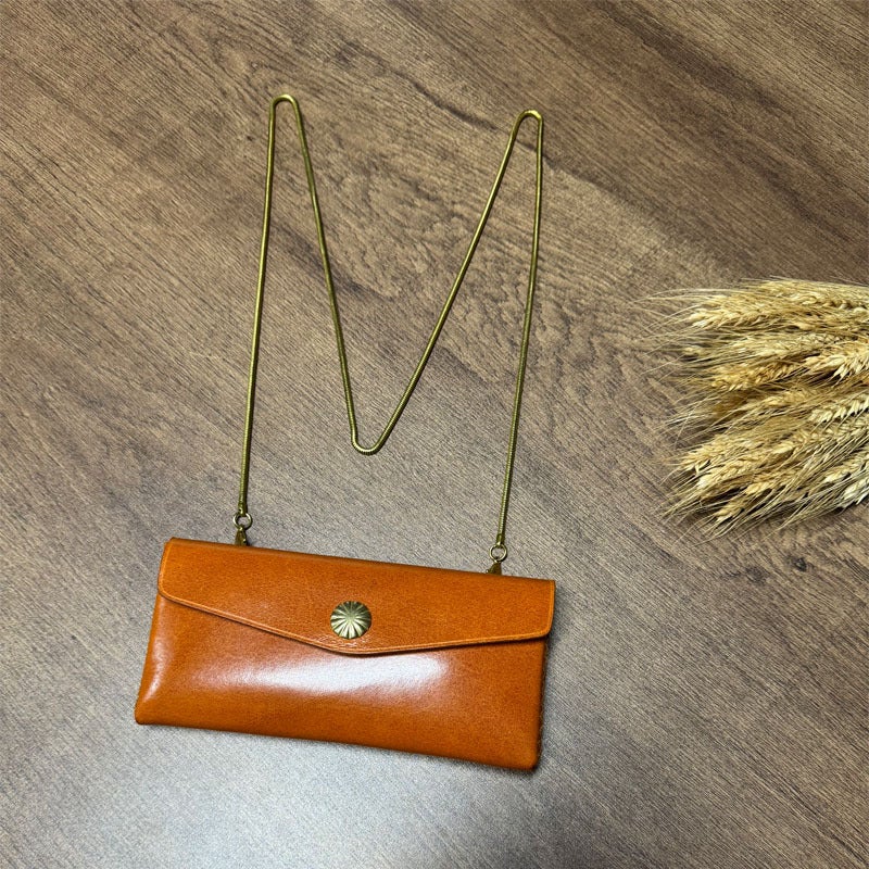 Vegetable Tanning Top Layer Cowhide Vintage Simple Long Hand-Held Coin Purse Genuine Leather Fashionable Texted Women'S Crossbody Mobile Phone Bag - Image 2