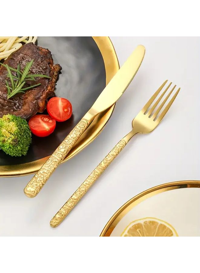 16Pcs Stainless Steel Stone Pattern Handle Golden Tableware Set For Dinner Party Gift - Image 2