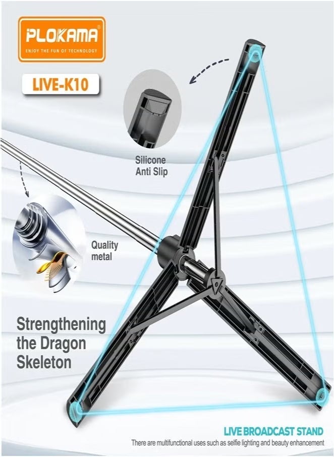 PLOKAMA Live K-10 Multi-Function Live Broadcast Stand – Adjustable Tripod with Phone Holder, Ring Light Mount, and Microphone Arm – Ideal for Streaming, Podcasting, TikTok, YouTube, and Online Classes - Image 3