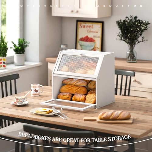 STDDRE Bread Box for Kitchen Countertop Bin Double Layer Bread Box Storage Container Extra Large Capacity with Diamond Pattern Windows (White, Extra Large) - Image 5