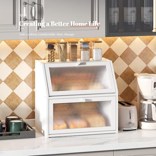 STDDRE Bread Box for Kitchen Countertop Bin Double Layer Bread Box Storage Container Extra Large Capacity with Diamond Pattern Windows (White, Extra Large) - Image 3