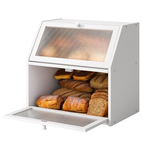 STDDRE Bread Box for Kitchen Countertop Bin Double Layer Bread Box Storage Container Extra Large Capacity with Diamond Pattern Windows (White, Extra Large) - Image 1