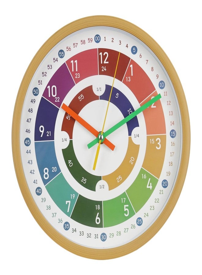 BAKBRAND Kids Wall Clock Telling Time Silent Non-Ticking Learning Clock Colorful Teaching Wall Clocks Round Plastic Analog Educational Decor Clock for Classroom, Playroom, Bedroom (EDU2-Wood, 10 inch) - Image 1