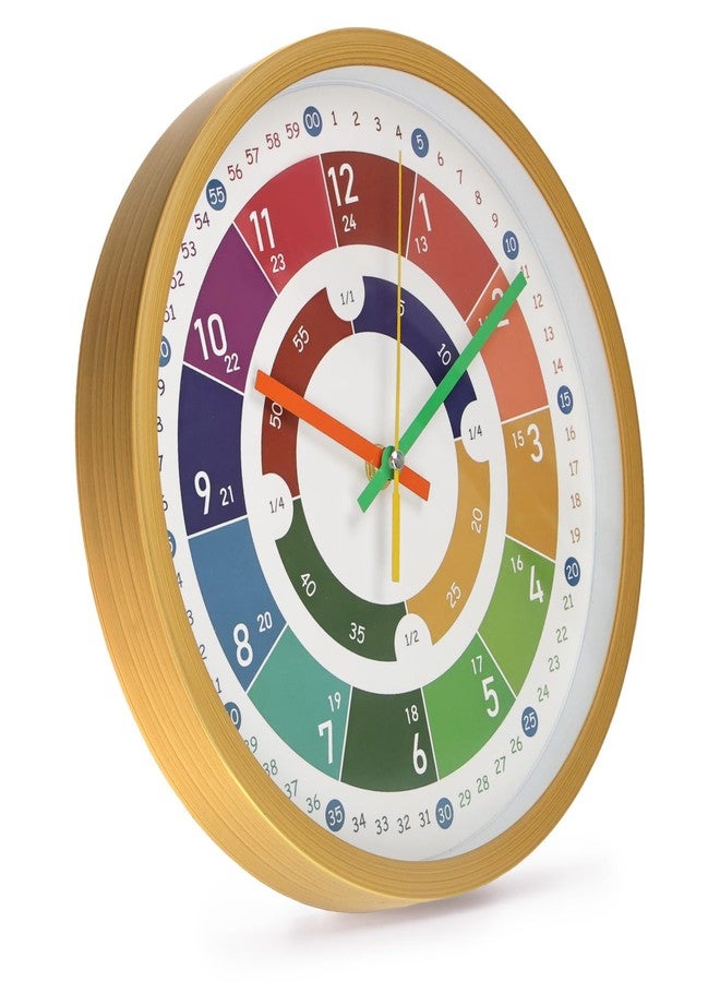 BAKBRAND Kids Wall Clock Telling Time Silent Non-Ticking Learning Clock Colorful Teaching Wall Clocks Round Plastic Analog Educational Decor Clock for Classroom, Playroom, Bedroom (EDU2-Wood, 10 inch) - Image 3