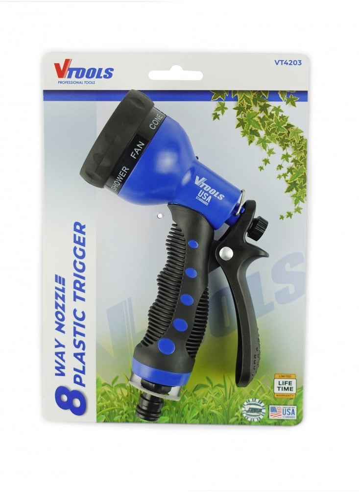 VTOOLS - Plastic Hose 8 way nozzle plastic trigger Adjustable Watering Patterns Suitable for Watering Lawn and Garden - Image 1