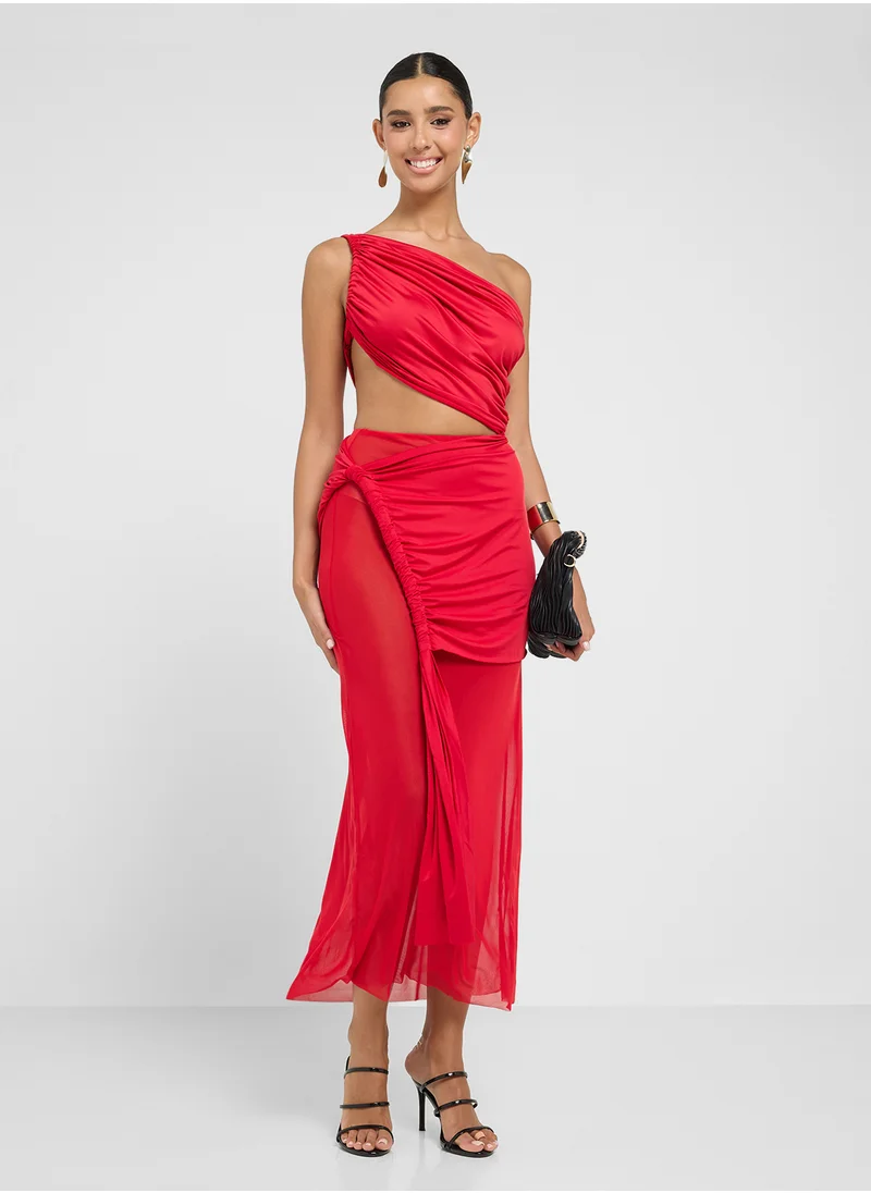 جينجر Assymetric Shoulder Draped Cutout Dress