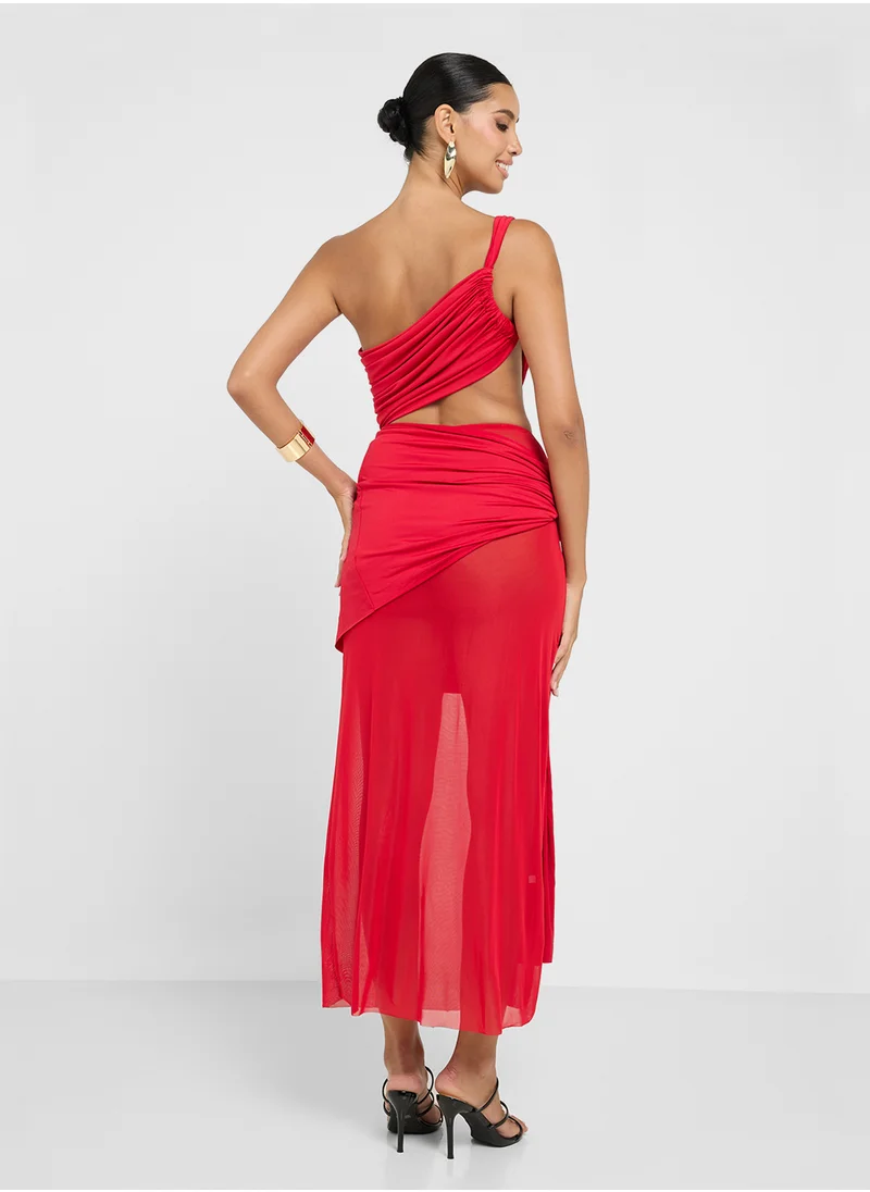 جينجر Assymetric Shoulder Draped Cutout Dress