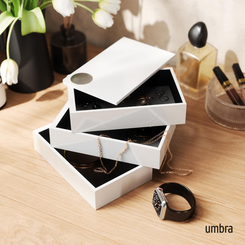 Umbra Spindle Jewlery Box, Stacked Jewelry Box with Three Compartments, High-gloss Finish, White - Image 2