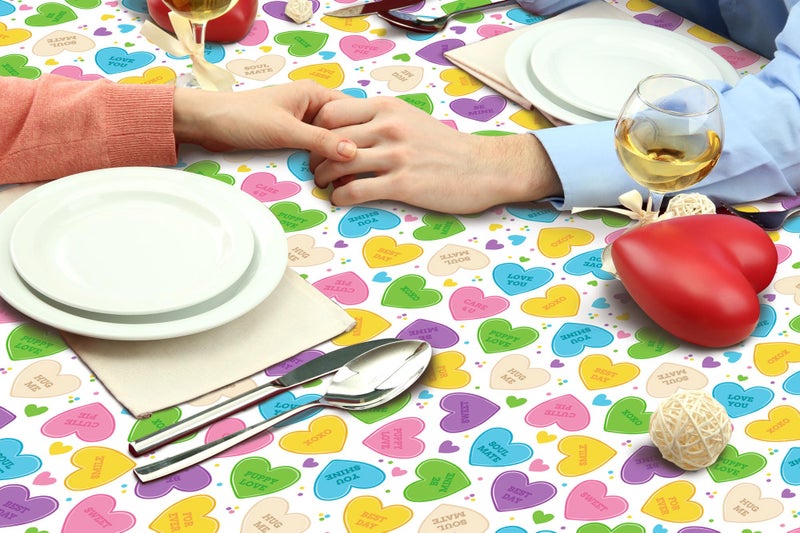 Buxiuer 2 Pack Valentine’s Day Conversation Hearts Tablecloth Plastic Romantic Candy Colored Love Hearts Disposable Table Cover for Wedding Anniversary Party Decorations 54 x108 Inch - Image 4