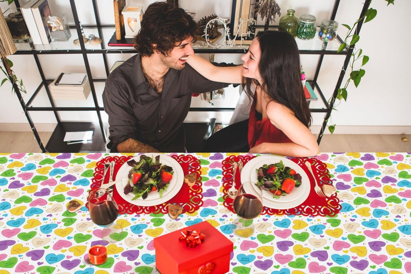 Buxiuer 2 Pack Valentine’s Day Conversation Hearts Tablecloth Plastic Romantic Candy Colored Love Hearts Disposable Table Cover for Wedding Anniversary Party Decorations 54 x108 Inch - Image 5