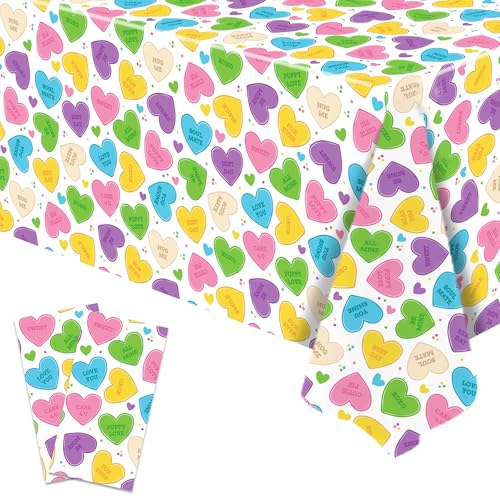 Buxiuer 2 Pack Valentine’s Day Conversation Hearts Tablecloth Plastic Romantic Candy Colored Love Hearts Disposable Table Cover for Wedding Anniversary Party Decorations 54 x108 Inch - Image 1