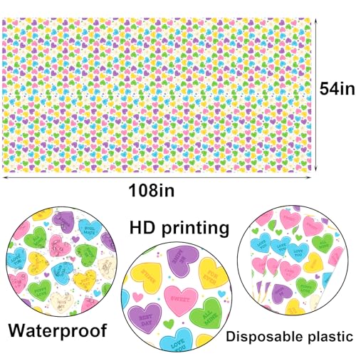 Buxiuer 2 Pack Valentine’s Day Conversation Hearts Tablecloth Plastic Romantic Candy Colored Love Hearts Disposable Table Cover for Wedding Anniversary Party Decorations 54 x108 Inch - Image 2