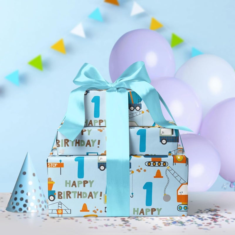 RUSPEPA ورق تغليف عيد الميلاد الأول RUSPEPA للصبي - لفة صغيرة - سيارات وشاحنات كرتونية زرقاء ونمط نص عيد ميلاد سعيد - لحفلات عيد ميلاد الأولاد أو الأطفال والمزيد - 17 بوصة × 164 قدم - Image 4