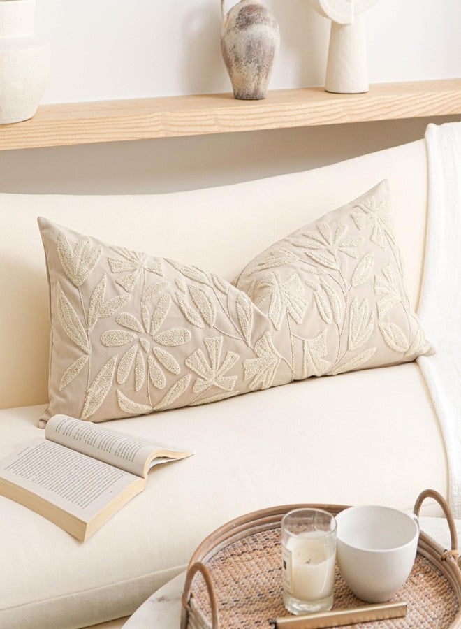 BlissBlush Light Beige Velvet Decorative Long Lumbar Pillow Cover 14x36, Neutral Floral Soft Body Pillow for Bed, Accent Lumbar Throw Pillow for Bedroom, Modern Farmhouse Textured Pillowcase - Image 1