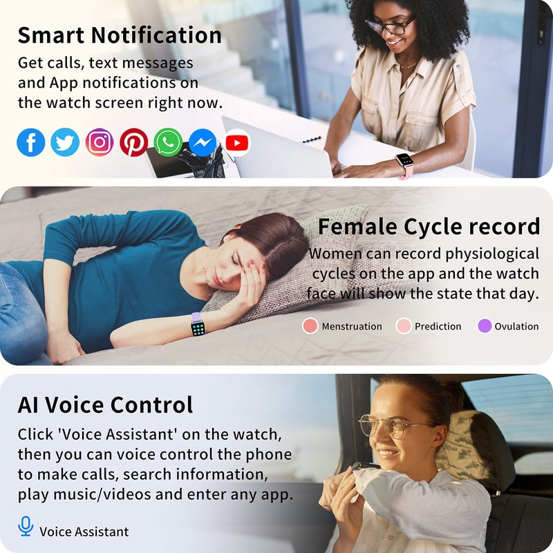 Popglory ساعة بوب جلوري الذكية للرد/إجراء المكالمات، ساعة ذكية 1.85 بوصة مع تحكم صوتي بالذكاء الاصطناعي، مراقب ضغط الدم/SpO2/معدل ضربات القلب، ساعة تتبع اللياقة البدنية مع حزامين للرجال والنساء لهواتف iOS وAndroid - Image 5