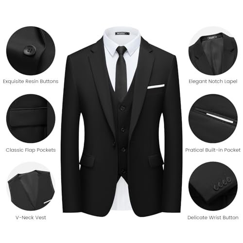 WULFUL Men’s Slim Fit Suit One Button 3-Piece Blazer Dress Business Wedding Party Jacket Vest & Pant Black - Image 5