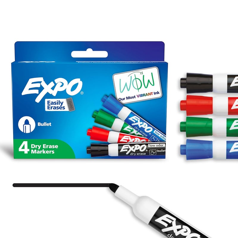 Expo Low Odor Bullet Tip Dry Erase Markers, 4 Colored Markers - Image 1