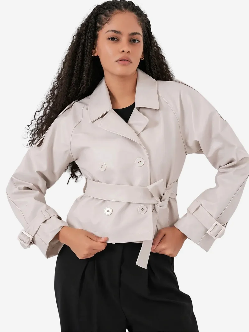 بيغ دارت BDART Fitted Double Breasted Faux Leather Jacket with Bow