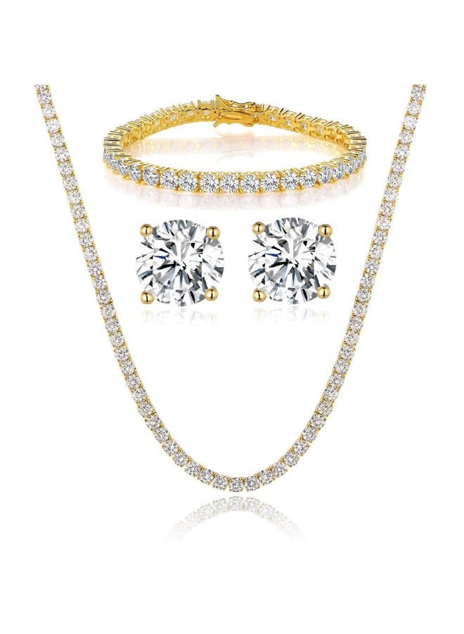 GEMSME 18K White/Yellow Gold Plated Tennis Necklace/Bracelet/Earrings Sets Pack of 3, Brass, Cubic Zirconia - Image 1