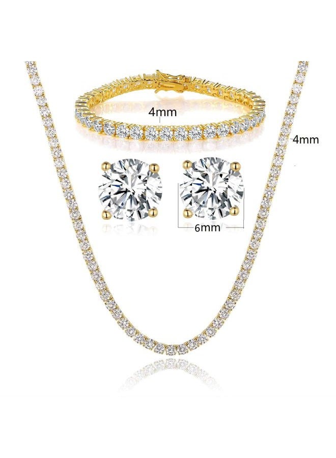 GEMSME 18K White/Yellow Gold Plated Tennis Necklace/Bracelet/Earrings Sets Pack of 3, Brass, Cubic Zirconia - Image 2
